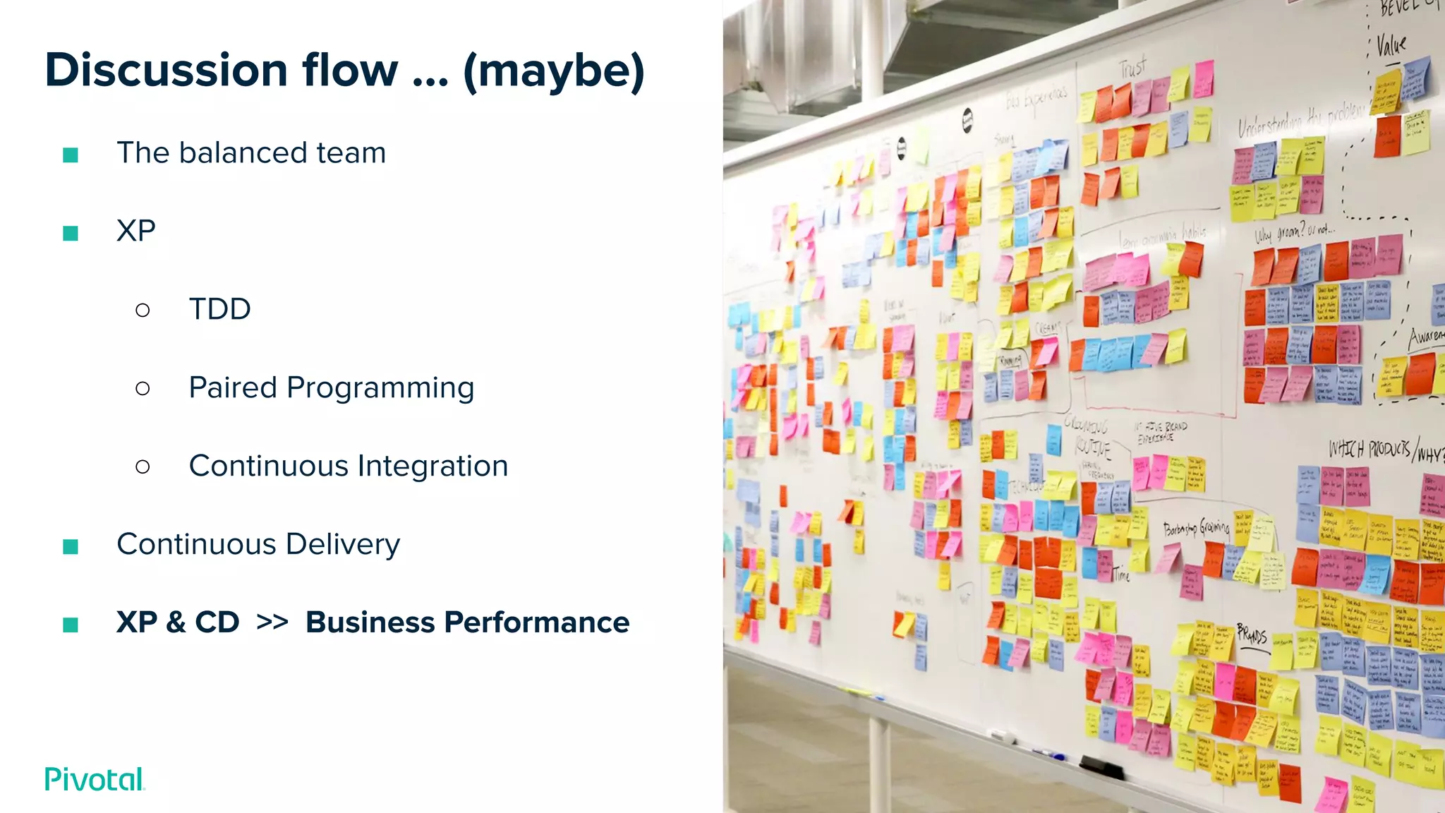 Cover w/ Image
Discussion ﬂow … (maybe)
■ The balanced team
■ XP
○ TDD
○ Paired Programming
○ Continuous Integration
■ Continuous Delivery
■ XP & CD >> Business Performance
 