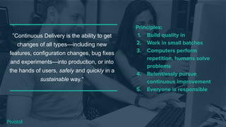 ”Continuous Delivery is the ability to get
changes of all types—including new
features, configuration changes, bug fixes
and experiments—into production, or into
the hands of users, safely and quickly in a
sustainable way.”
Principles:
1. Build quality in
2. Work in small batches
3. Computers perform
repetition, humans solve
problems
4. Relentlessly pursue
continuous improvement
5. Everyone is responsible
 