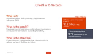 5
What is it?
A platform of rich APIs providing programmable
voice and SMS.
CPaaS in 15 Seconds
What is the benefit?
Impro...