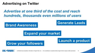 1405002
Confidential and proprietary information of Ingram Micro Inc. — Do not distribute or duplicate without Ingram Micro's express written permission. 14
Advertising on Twitter
Advertise at one third of the cost and reach
hundreds, thousands even millions of users
Brand Awareness
Generate Leads
Grow your followers
Launch a product
Expand your market
 