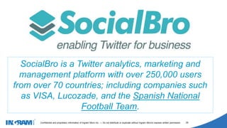 1405002
Confidential and proprietary information of Ingram Micro Inc. — Do not distribute or duplicate without Ingram Micro's express written permission. 29
SocialBro is a Twitter analytics, marketing and
management platform with over 250,000 users
from over 70 countries; including companies such
as VISA, Lucozade, and the Spanish National
Football Team.
 