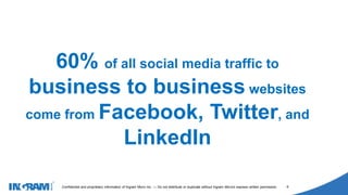 1405002
Confidential and proprietary information of Ingram Micro Inc. — Do not distribute or duplicate without Ingram Micro's express written permission. 6
60% of all social media traffic to
business to business websites
come from Facebook, Twitter, and
LinkedIn
 