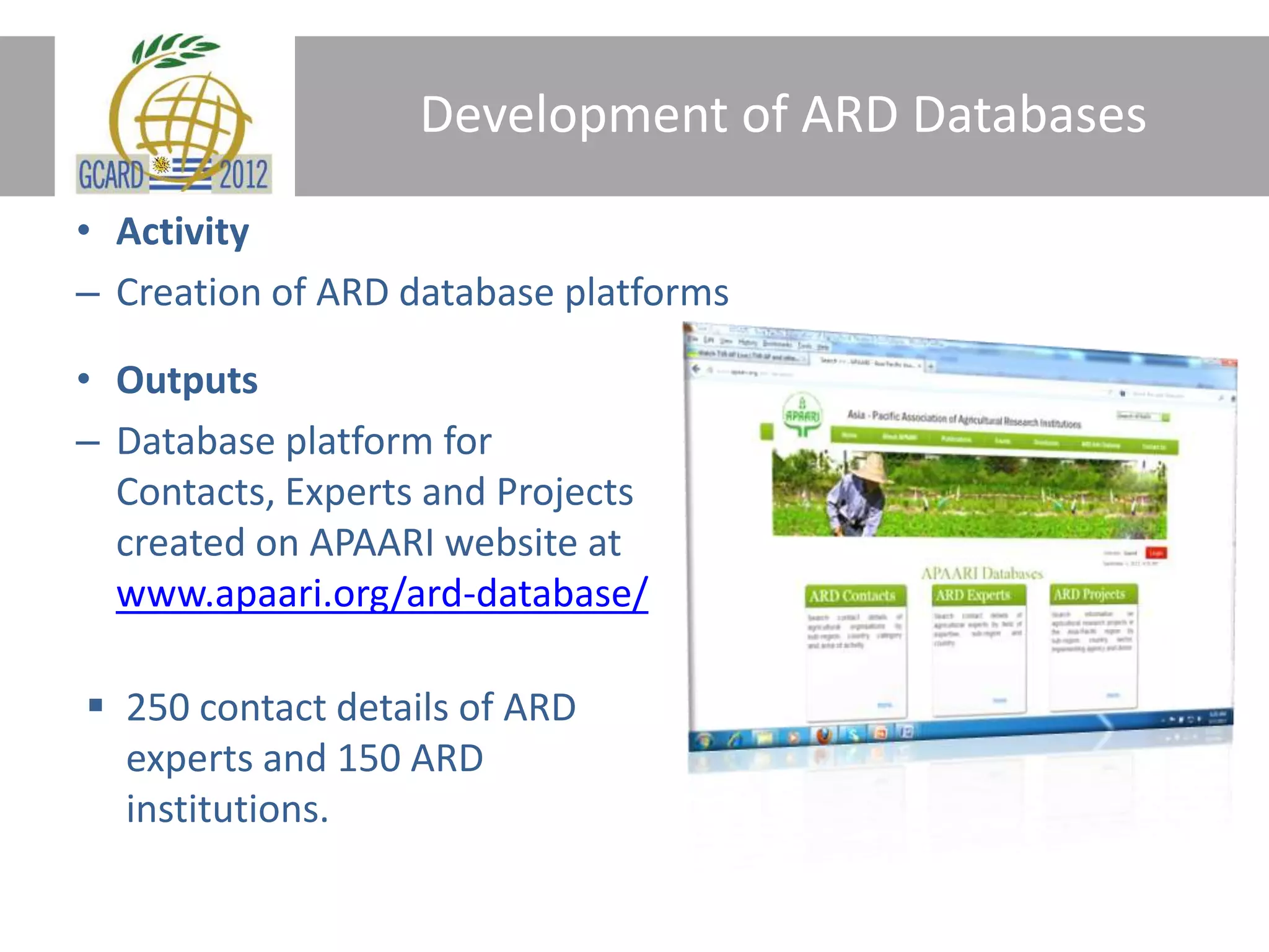 Development of ARD Databases
• Activity
– Creation of ARD database platforms
• Outputs
– Database platform for
Contacts, Experts and Projects
created on APAARI website at
www.apaari.org/ard-database/
250 contact details of ARD
experts and 150 ARD
institutions.