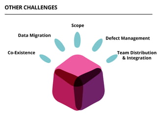 OTHER CHALLENGES
Co-Existence
Data Migration
Scope
Defect Management
Team Distribution
& Integration
 