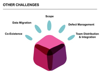 OTHER CHALLENGES
Co-Existence
Data Migration
Scope
Defect Management
Team Distribution
& Integration
 