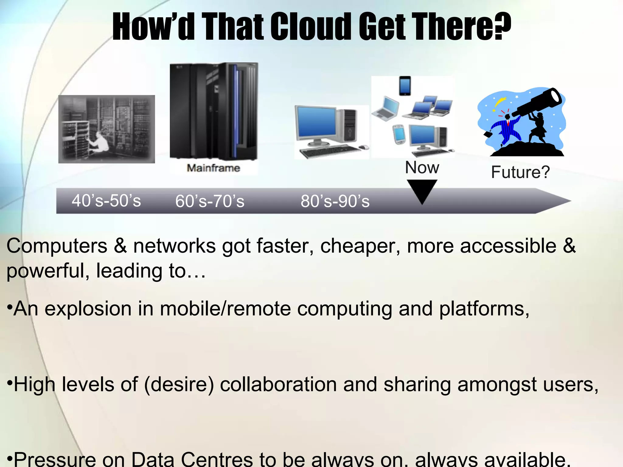 How’d That Cloud Get There? Computers & networks got faster, cheaper, more accessible & powerful, leading to… An explosion in mobile/remote computing and platforms, High levels of (desire) collaboration and sharing amongst users, Pressure on Data Centres to be always on, always available. Now 60’s-70’s 80’s-90’s 40’s-50’s Future? 