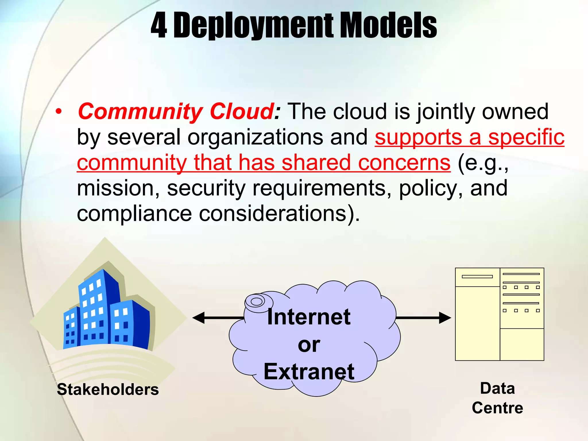 4 Deployment Models Community Cloud : The cloud is jointly owned by several organizations and supports a specific community that has shared concerns (e.g., mission, security requirements, policy, and compliance considerations). Stakeholders Data Centre Internet or Extranet 