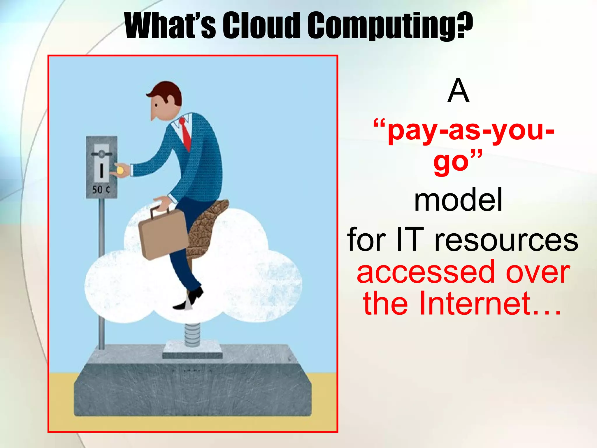 What’s Cloud Computing? A “ pay-as-you-go” model for IT resources accessed over the Internet… 