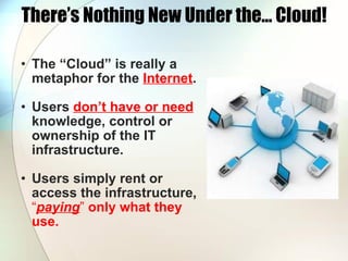 There’s Nothing New Under the… Cloud! <ul><ul><li>The “Cloud” is really a metaphor for the  Internet . </li></ul></ul><ul>...
