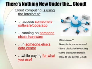 There’s Nothing New Under the… Cloud! <ul><li>Cloud computing   is using the Internet to : </li></ul><ul><li>… access  som...
