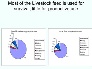 Most of the Livestock feed is used for
  survival; little for productive use



      Kuhar Michael - energy requirements                          Lenche Dima - energy requirements
          6%

     0%

     1%        6%                                            11%                                   maintenance

 3%
                                        maintenance      0%
                                                                                                   feeding
                                                                   5%
                                        feeding                                                    lactation
3%                                                       1%
                                        lactation                                                  pregnancy
4%                                                      3%
                                                                                                   draught power
                                        pregnancy
                                                        3%                                         transport
                                        draught power
                                                        4%                                         walking
                                        transport
                                                                                                   growth
                                        walking                              73%
                       77%              growth
 