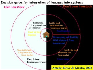 Decision guide for integration of legumes into systems
 Own livestock                           Don’t own livestock




                        Fertile land       Fertile land
                       Large/small farm    Small land size
                     Good market            Good/ poor market

                    Food & feed                   Food legumes
                    legumes




          Non-fertile land                                Non-fertile land
           Large farm size                         Small land size
              Good market                          Poor market

                    Food & feed                    Cover crops
                    legumes, cover crops

                                              Amede, Delve & Kirkby, 2002
 