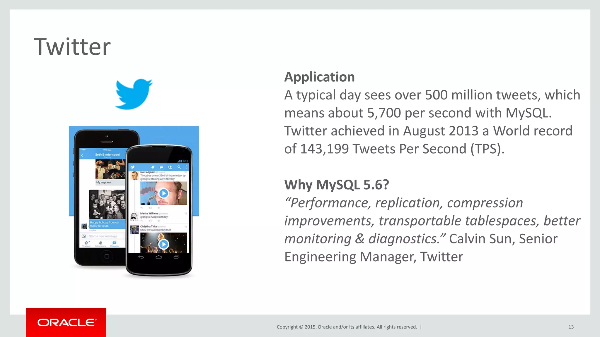 Copyright © 2015, Oracle and/or its affiliates. All rights reserved. |
Application
A typical day sees over 500 million tweets, which
means about 5,700 per second with MySQL.
Twitter achieved in August 2013 a World record
of 143,199 Tweets Per Second (TPS).
Why MySQL 5.6?
“Performance, replication, compression
improvements, transportable tablespaces, better
monitoring & diagnostics.” Calvin Sun, Senior
Engineering Manager, Twitter
Twitter
13
 