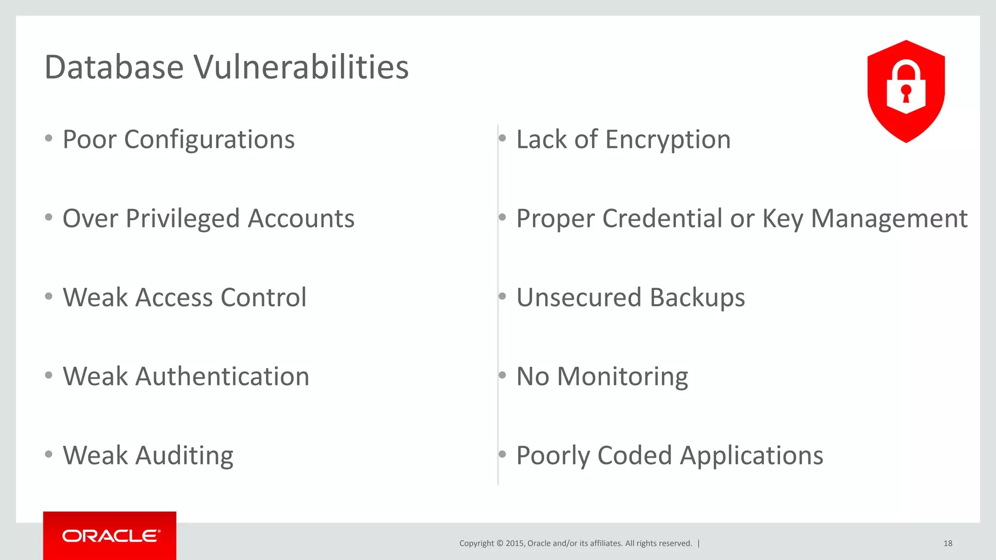 Copyright © 2015, Oracle and/or its affiliates. All rights reserved. |
• Poor Configurations
• Over Privileged Accounts
• Weak Access Control
• Weak Authentication
• Weak Auditing
• Lack of Encryption
• Proper Credential or Key Management
• Unsecured Backups
• No Monitoring
• Poorly Coded Applications
18
Database Vulnerabilities
 
