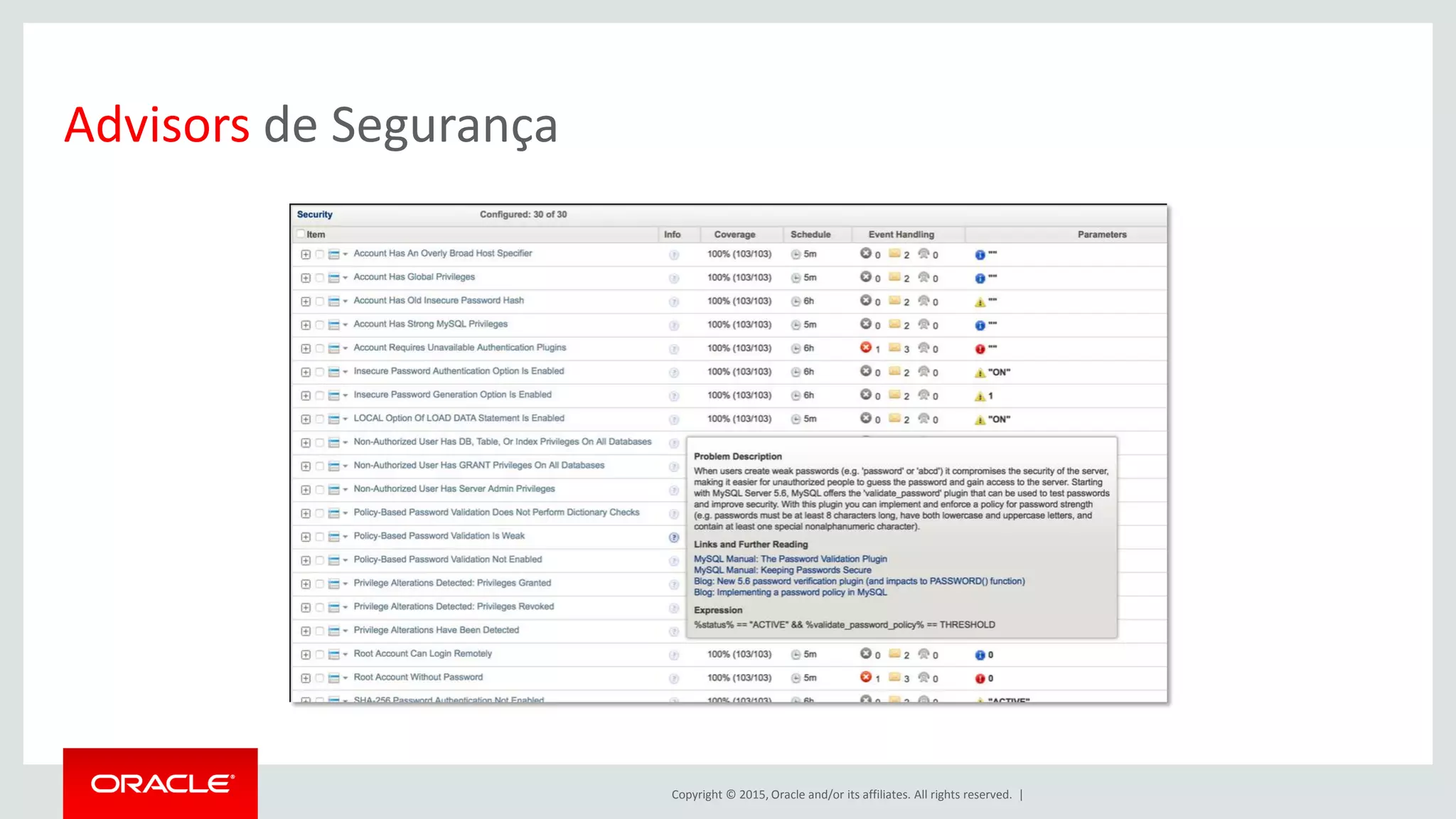 Copyright © 2015, Oracle and/or its affiliates. All rights reserved. |
Advisors de Segurança
 