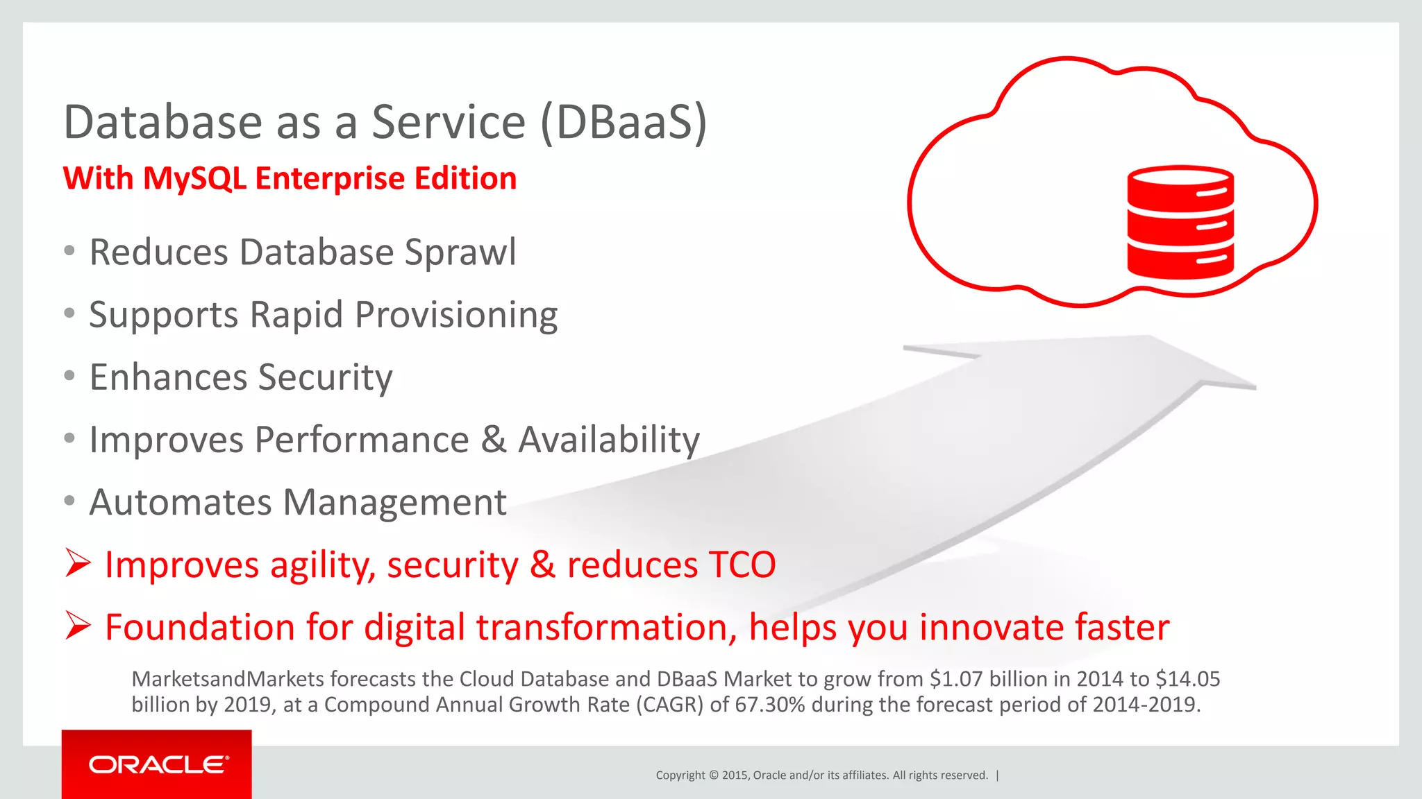 Copyright © 2015, Oracle and/or its affiliates. All rights reserved. |
Database as a Service (DBaaS)
• Reduces Database Sprawl
• Supports Rapid Provisioning
• Enhances Security
• Improves Performance & Availability
• Automates Management
 Improves agility, security & reduces TCO
 Foundation for digital transformation, helps you innovate faster
With MySQL Enterprise Edition
MarketsandMarkets forecasts the Cloud Database and DBaaS Market to grow from $1.07 billion in 2014 to $14.05
billion by 2019, at a Compound Annual Growth Rate (CAGR) of 67.30% during the forecast period of 2014-2019.
 