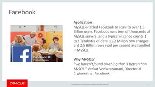 Copyright © 2015, Oracle and/or its affiliates. All rights reserved. |
Application
MySQL enabled Facebook to scale to over 1,5
Billion users. Facebook runs tens of thousands of
MySQL servers, and a typical instance counts 1
to 2 Terabytes of data. 11.2 Million row changes
and 2.5 Billion rows read per second are handled
in MySQL.
Why MySQL?
“We haven't found anything that is better than
MySQL.” Venkat Venkataramani, Director of
Engineering , Facebook
Facebook
12
 