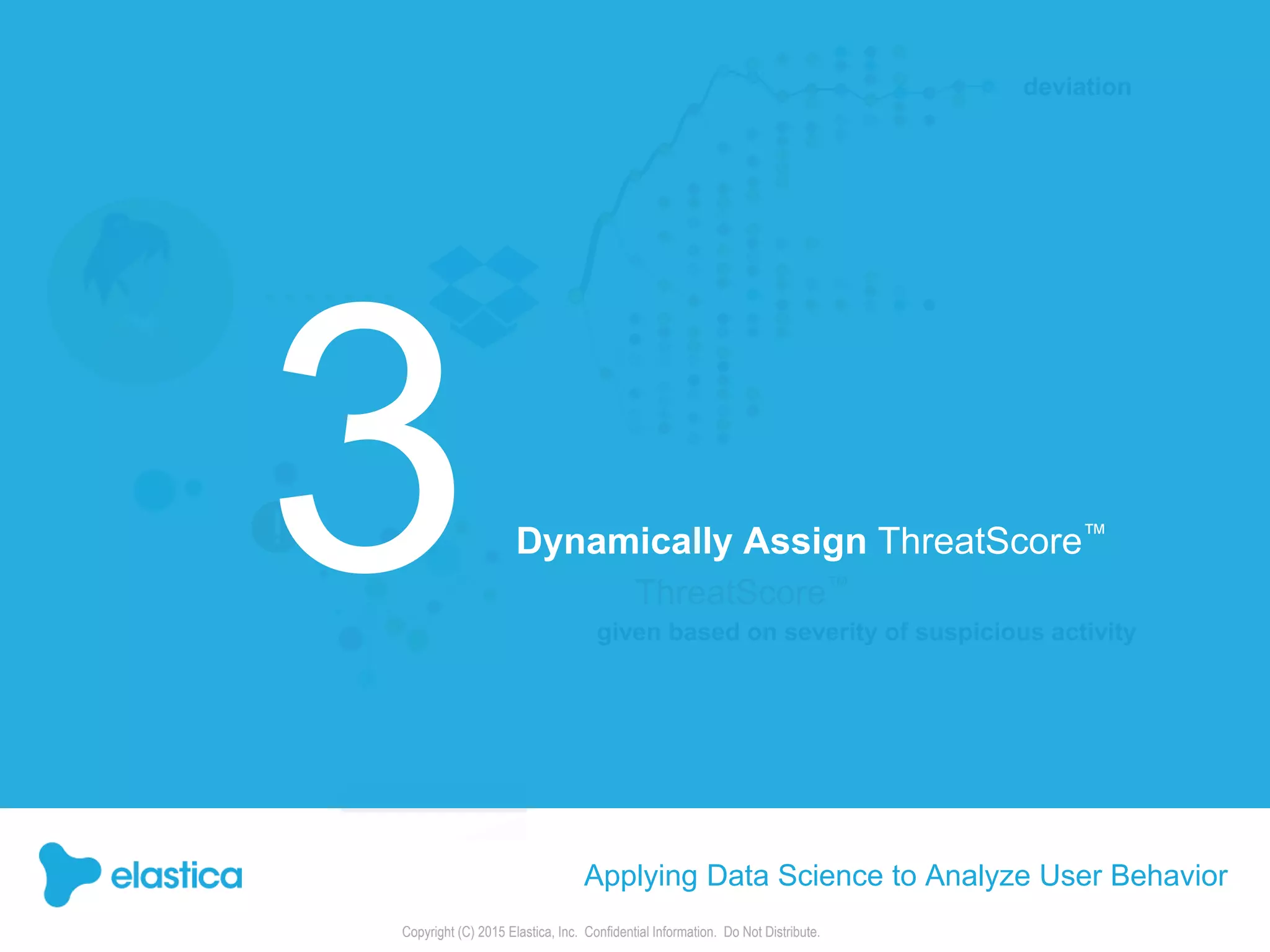 Copyright (C) 2015 Elastica, Inc. Confidential Information. Do Not Distribute.
Applying Data Science to Analyze User Behavior
given based on severity of suspicious activity
ThreatScore™
deviation
Dynamically Assign ThreatScore™
 