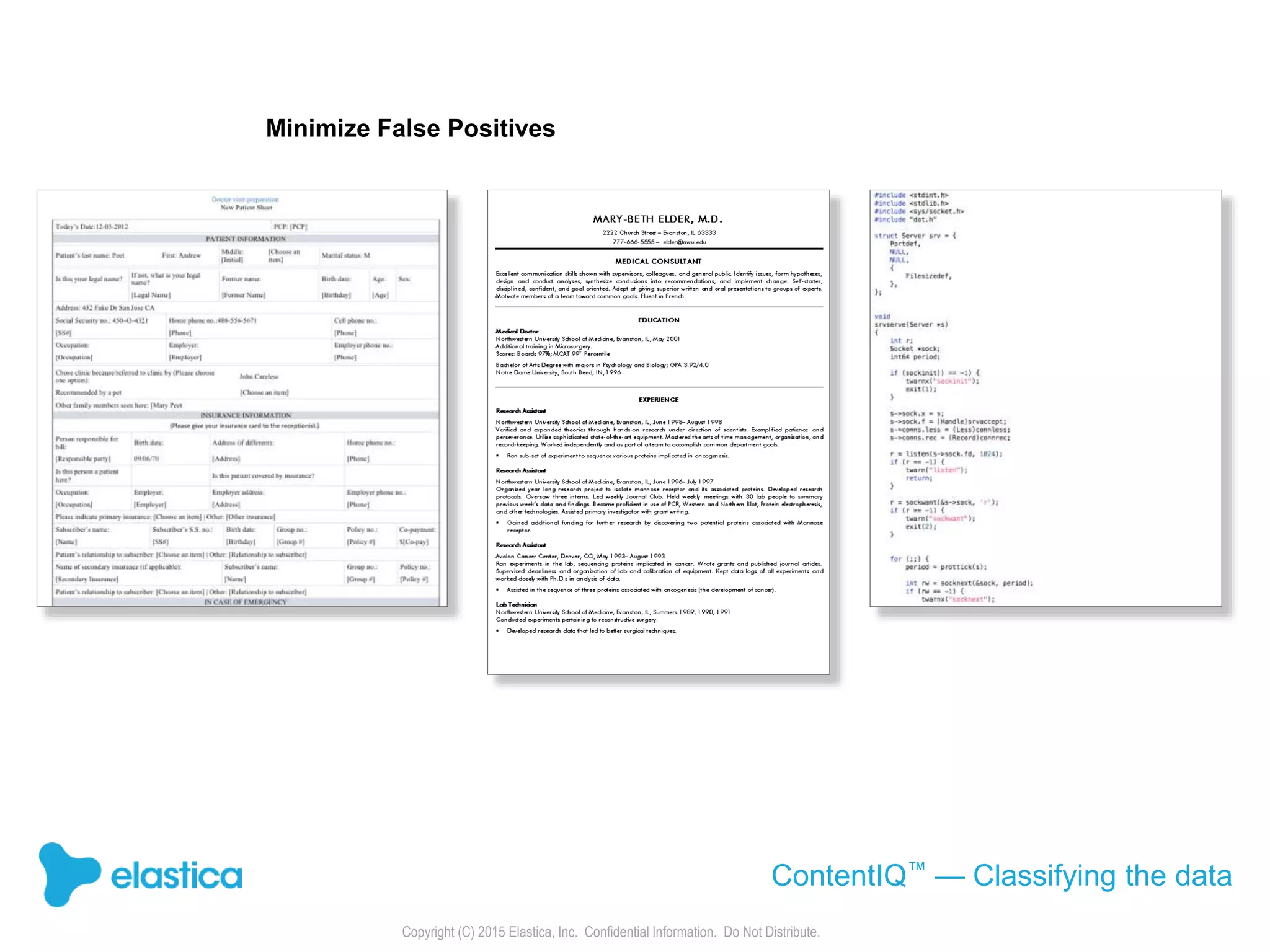 Copyright (C) 2015 Elastica, Inc. Confidential Information. Do Not Distribute.
Minimize False Positives
ContentIQ™ — Classifying the data
 
