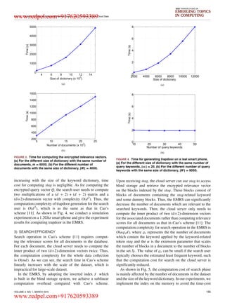 LI et al.: Enabling Efficient Multi-keyword Ranked Search over Encrypted Mobile Cloud Data
IEEE TRANSACTIONS ON
EMERGING TOPICS
IN COMPUTING
FIGURE 3. Time for computing the encrypted relevance vectors.
(a) For the different size of dictionary with the same number of
documents, m = 6000. (b) For the different number of
documents with the same size of dictionary, |W| = 4000.
increasing with the size of the keyword dictionary, time
cost for computing stag is negligible. As for computing the
encrypted query vector Q, the search user needs to compute
two multiplications of a (d + 2) ∗ (d + 2) matrix and a
(d+2)-dimension vector with complexity O(d2). Thus, the
computation complexity of trapdoor generation for the search
user is O(d2), which is as the same as that in Cao’s
scheme [11]. As shown in Fig. 4, we conduct a simulation
experiment on a 1.2Ghz smart phone and give the experiment
results for computing trapdoor in the EMRS.
3) SEARCH EFFICIENCY
Search operation in Cao’s scheme [11] requires comput-
ing the relevance scores for all documents in the database.
For each document, the cloud server needs to compute the
inner product of two (d+2)-dimension vectors twice. Thus,
the computation complexity for the whole data collection
is O(md). As we can see, the search time in Cao’s scheme
linearly increases with the scale of the dataset, which is
impractical for large-scale dataset.
In the EMRS, by adopting the inverted index which
is built in the blind storage system, we achieve a sublinear
computation overhead compared with Cao’s scheme.
FIGURE 4. Time for generating trapdoor on a real smart phone.
(a) For the different size of dictionary with the same number of
query keywords, | | = 20. (b) For the different number of query
keywords with the same size of dictionary, |W| = 6000.
Upon receiving stag, the cloud server can use stag to access
blind storage and retrieve the encrypted relevance vector
on the blocks indexed by the stag. These blocks consist of
blocks of documents containing the stag-related keyword
and some dummy blocks. Thus, the EMRS can signiﬁcantly
decrease the number of documents which are relevant to the
searched keywords. Then, the cloud server only needs to
compute the inner product of two (d+2)-dimension vectors
for the associated documents rather than computing relevance
scores for all documents as that in Cao’s scheme [11]. The
computation complexity for search operation in the EMRS is
O(α sd), where s represents the the number of documents
which contain the keyword applied by the keyword-related
token stag and the α is the extension parameter that scales
the number of blocks in a document to the number of blocks
in the set Sf . The value of s can be small if the search user
typically chooses the estimated least frequent keyword, such
that the computation cost for search on the cloud server is
signiﬁcantly reduced.
As shown in Fig. 5, the computation cost of search phase
is mainly affected by the number of documents in the dataset
and the size of the keyword dictionary. In our experiments, we
implement the index on the memory to avoid the time-cost
VOLUME 3, NO. 1, MARCH 2015 135
www.redpel.com+917620593389
www.redpel.com+917620593389
 