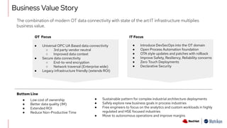 Business Value Story
● Universal OPC UA Based data connectivity
○ 3rd party vendor neutral
○ Improved data context
● Secure data connectivity
○ End-to-end encryption
○ Network traversal (Enterprise wide)
● Legacy infrastructure friendly (extends ROI)
● Low cost of ownership
● Better data quality (IM)
● Extended ROI
● Reduce Non-Productive Time
Bottom Line
● Introduce DevSecOps into the OT domain
● Open Process Automation foundation
● OTA style updates and patches with rollback
● Improve Safety, Resiliency, Reliability concerns
● Zero Touch Deployments
● Declarative Security
● Sustainable pattern for complex industrial architecture deployments
● Safely explore new business goals in process industries
● Free engineers to focus on the analytics and custom workloads in highly
regulated and HSE focused industries
● Move to autonomous operations and improve margins
The combination of modern OT data connectivity with state of the art IT infrastructure multiplies
business value.
OT Focus IT Focus
 