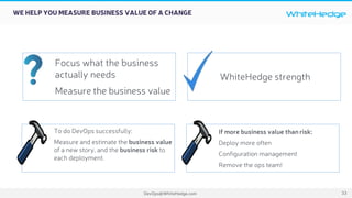 WhiteHedge
DevOps@WhiteHedge.com 33
WE HELP YOU MEASURE BUSINESS VALUE OF A CHANGE
Focus what the business
actually needs
Measure the business value
WhiteHedge strength
To do DevOps successfully:
Measure and estimate the business value
of a new story, and the business risk to
each deployment.
If more business value than risk:
Deploy more often
Configuration management
Remove the ops team!
 