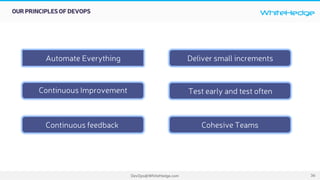 WhiteHedge
DevOps@WhiteHedge.com 36
OURPRINCIPLESOFDEVOPS
Automate Everything Deliver small increments
Continuous Improvement Test early and test often
Continuous feedback Cohesive Teams
 