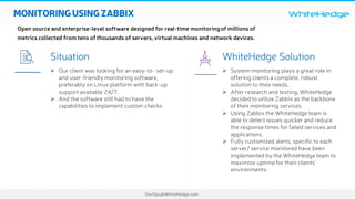 WhiteHedge
DevOps@WhiteHedge.com
MONITORING USINGZABBIX
Open source and enterprise-level software designed for real-time monitoringof millions of
metrics collected from tens of thousands of servers, virtual machines and network devices.
WhiteHedge Solution
Ø System monitoring plays a great role in
offering clients a complete, robust
solution to their needs.
Ø After research and testing, WhiteHedge
decided to utilize Zabbix as the backbone
of their monitoring services.
Ø Using Zabbix the WhiteHedge team is
able to detect issues quicker and reduce
the response times for failed services and
applications.
Ø Fully customized alerts, specific to each
server/ service monitored have been
implemented by the WhiteHedge team to
maximize uptime for their clients’
environments.
Situation
Ø Our client was looking for an easy-to- set-up
and user-friendly monitoring software,
preferably on Linux platform with back-up
support available 24/7.
Ø And the software still had to have the
capabilities to implement custom checks.
 
 