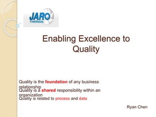 Enabling Excellence to
Quality
Quality is the foundation of any business
relationship
Quality is a shared responsibility within an
organization
Quality is related to process and data
Ryan Chen
 