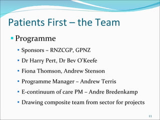 Patients First – the Team Programme  Sponsors – RNZCGP, GPNZ Dr Harry Pert, Dr Bev O’Keefe Fiona Thomson, Andrew Stenson Programme Manager – Andrew Terris E-continuum of care PM – Andre Bredenkamp Drawing composite team from sector for projects 