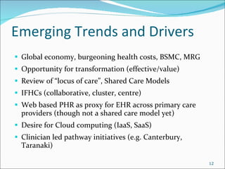 Emerging Trends and Drivers Global economy, burgeoning health costs, BSMC, MRG Opportunity for transformation (effective/value) Review of “locus of care”, Shared Care Models IFHCs (collaborative, cluster, centre) Web based PHR as proxy for EHR across primary care providers (though not a shared care model yet) Desire for Cloud computing (IaaS, SaaS) Clinician led pathway initiatives (e.g. Canterbury, Taranaki) 