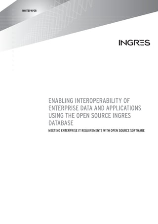WHITEPAPER




             ENABLING INTEROPERABILITY OF
             ENTERPRISE DATA AND APPLICATIONS
             USING THE OPEN SOURCE INGRES
             DATABASE
             MEETING ENTERPRISE IT REQUIREMENTS WITH OPEN SOURCE SOFTWARE
 