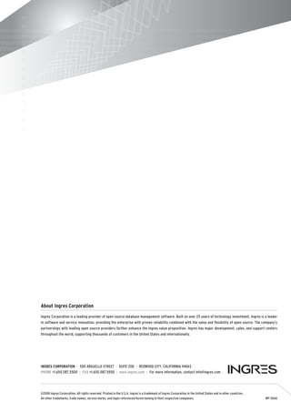About Ingres Corporation
Ingres Corporation is a leading provider of open source database management software. Built on over 25 years of technology investment, Ingres is a leader
in software and service innovation, providing the enterprise with proven reliability combined with the value and ﬂexibility of open source. The company’s
partnerships with leading open source providers further enhance the Ingres value proposition. Ingres has major development, sales, and support centers
throughout the world, supporting thousands of customers in the United States and internationally.




INGRES CORPORATION : 500 ARGUELLO STREET : SUITE 200 : REDWOOD CITY, CALIFORNIA 94063
PHONE +1.650.587.5500 : FAX +1.650.587.5550 : www.ingres.com : For more information, contact info@ingres.com




©2008 Ingres Corporation. All rights reserved. Printed in the U.S.A. Ingres is a trademark of Ingres Corporation in the United States and in other countries.
All other trademarks, trade names, service marks, and logos referenced herein belong to their respective companies.                                             WP-306A
 