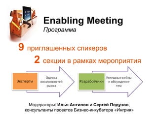 Enabling Meeting Программа 9  приглашенных спикеров 2  секции в рамках мероприятия Модераторы:  Илья Антипов  и  Сергей Подузов ,  консультанты проектов Бизнес-инкубатора «Ингрия»  