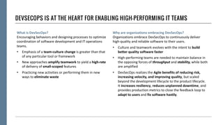 Why are organizations embracing DevSecOps?
Organizations embrace DevSecOps to continuously deliver
high-quality and reliable software to their users.
• Culture and teamwork evolves with the intent to build
better quality software faster
• High-performing teams are needed to maintain balance in
the opposing forces of throughput and stability, while both
are amplified
• DevSecOps realizes the Agile benefits of reducing risk,
increasing velocity, and improving quality, but scaled
beyond the development lifecycle to the product lifecycle.
It increases resiliency, reduces unplanned downtime, and
provides production metrics to close the feedback loop to
adapt to users and fix software hastily.
What is DevSecOps?
Encouraging behaviors and designing processes to optimize
coordination of software development and IT operations
teams.
• Emphasis of a team-culture change is greater than that
of any particular tool or framework
• New approaches amplify teamwork to yield a high-rate
of delivery of small-scoped features
• Practicing new activities or performing them in new
ways to eliminate waste
DEVSECOPS IS AT THE HEART FOR ENABLING HIGH-PERFORMING IT TEAMS
 