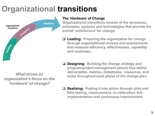The ‘Hardware’ of Change 
Organizational transitions consist of the structures, processes, systems and technologies that provide the overall ‘architecture’ for change. 
Leading: Preparing the organization for change through organizational reviews and assessments that measure efficiency, effectiveness, capability and readiness. 
Designing: Building the change strategy and program/project management plan(s) that define deliverables, metrics, milestones, resources, and tasks throughout each phase of the change plan. 
Realizing: Putting it into action through pilot and field testing, measurement, re-calibration, full- implementation and continuous improvement. 
Organizational transitions 
What drives an organization’s focus on the ‘hardware’ of change? 
9 
 