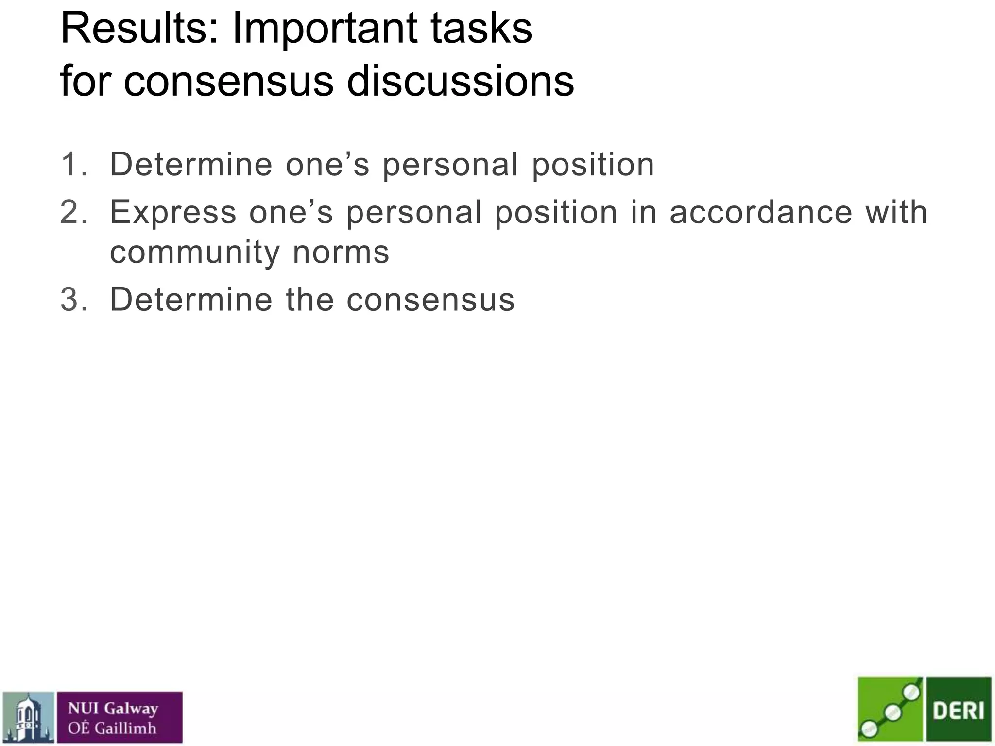 Results: Important tasks
for consensus discussions
1. Determine one’s personal position
2. Express one’s personal position in accordance with
community norms
3. Determine the consensus
 
