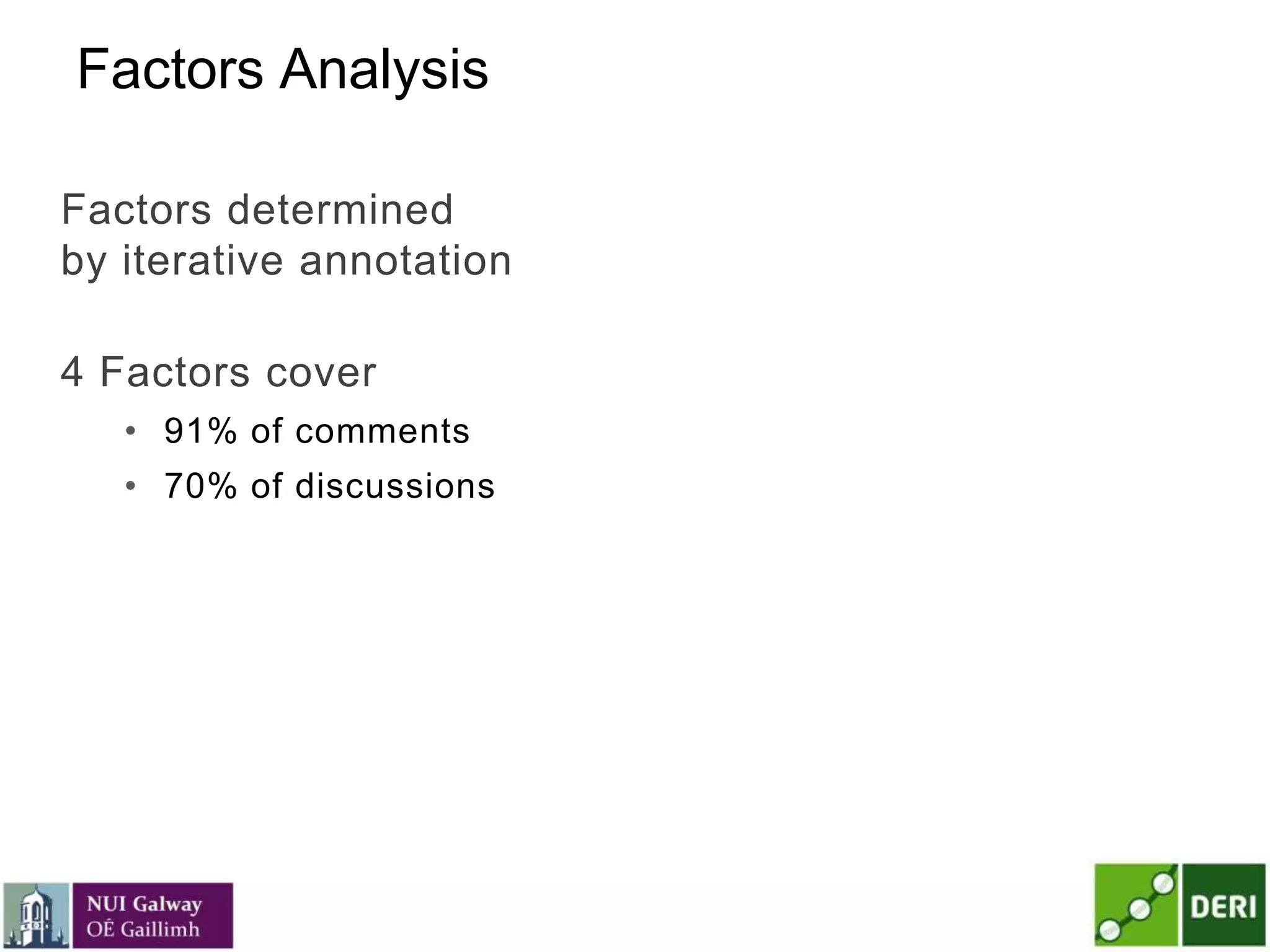 Factors Analysis
Factors determined
by iterative annotation
4 Factors cover
• 91% of comments
• 70% of discussions
 