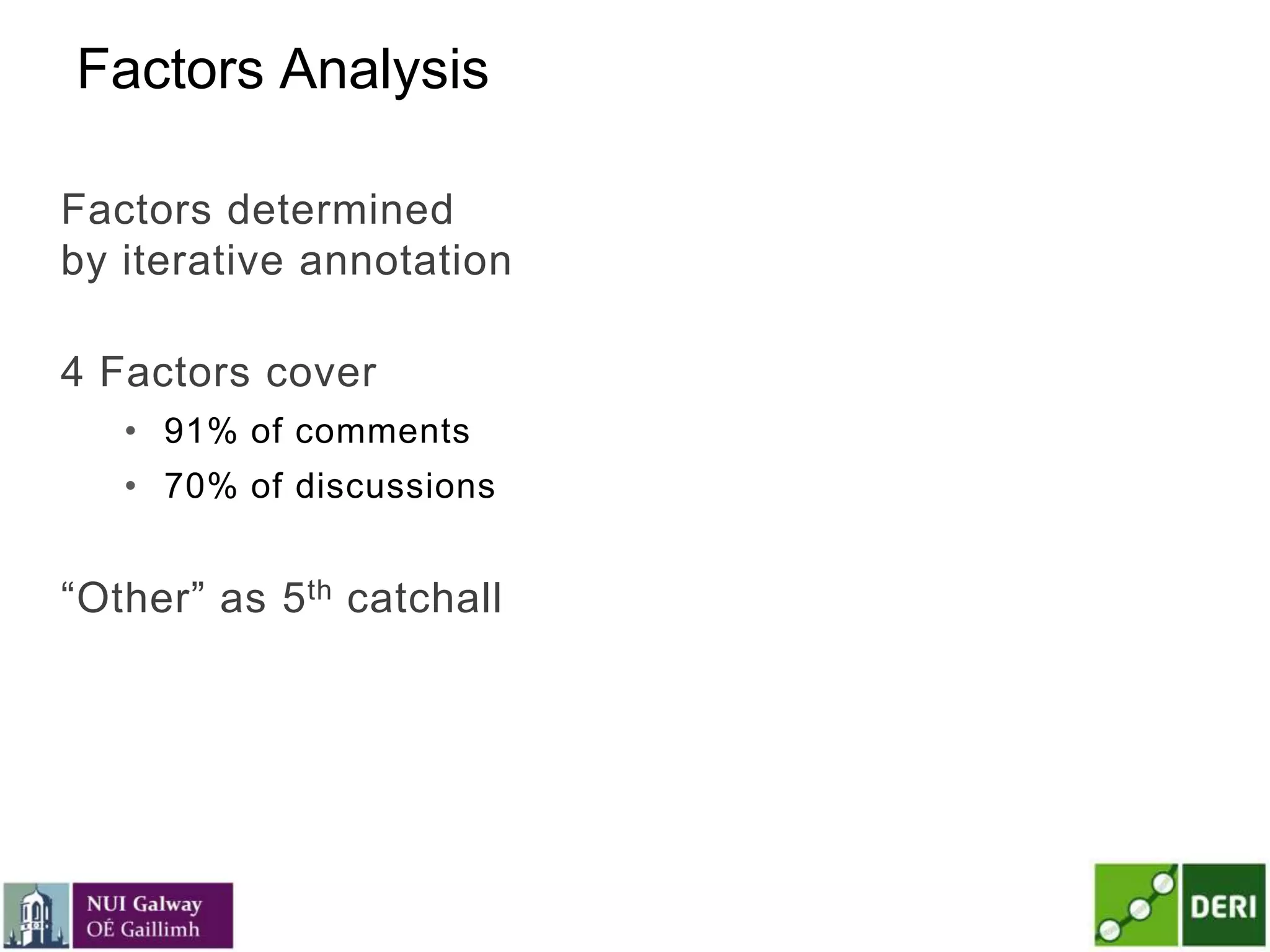 Factors Analysis
Factors determined
by iterative annotation
4 Factors cover
• 91% of comments
• 70% of discussions
―Other‖ as 5th catchall
 