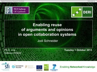 Copyright 2011 Digital Enterprise Research Institute. All rights reserved.
Digital Enterprise Research Institute www.deri.ie
Enabling Networked Knowledge
Enabling reuse
of arguments and opinions
in open collaboration systems
Jodi Schneider
Tuesday 1 October 2013
1
Ph.D. viva
Galway, Ireland
 