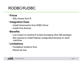 © Hortonworks Inc. 2012
RODBC/RJDBC
• Focus
– SQL Access from R
• Integration Ease
– Install Hortonworks Hive ODBC Driver
– Install Hive libraries
• Benefits
– Low impact on existing R scripts leveraging other DB packages
– Not required to install Hadoop configuration/binaries on client
machines
• Limitations
– Parallelism limited to Hive
– Result set size
Page 12
 