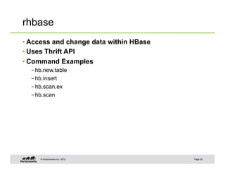 © Hortonworks Inc. 2012
rhbase
• Access and change data within HBase
• Uses Thrift API
• Command Examples
– hb.new.table
– hb.insert
– hb.scan.ex
– hb.scan
Page 20
 