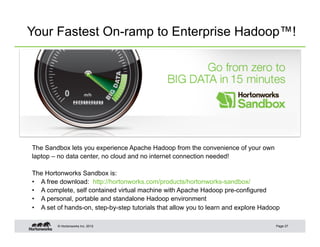 © Hortonworks Inc. 2012
Your Fastest On-ramp to Enterprise Hadoop™!
Page 27
http://hortonworks.com/products/hortonworks-sandbox/
The Sandbox lets you experience Apache Hadoop from the convenience of your own
laptop – no data center, no cloud and no internet connection needed!
The Hortonworks Sandbox is:
•  A free download: http://hortonworks.com/products/hortonworks-sandbox/
•  A complete, self contained virtual machine with Apache Hadoop pre-configured
•  A personal, portable and standalone Hadoop environment
•  A set of hands-on, step-by-step tutorials that allow you to learn and explore Hadoop
 