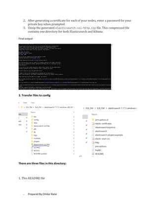 - Prepared By Omkar Rane
2. After generating a certificate for each of your nodes, enter a password for your
private key when prompted.
3. Unzip the generated elasticsearch-ssl-http.zip file. This compressed file
contains one directory for both Elasticsearch and Kibana.
Final output:
3. Transfer files to config
->
There are three files in this directory:
1. This README file
 