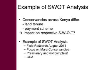 Participatory SWOT analysis of institutional arrangements in the conservancies