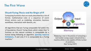 The First Wave
Church-Turing Thesis and the Origin of IT
Computing functions that are easily described by a list of
formal, mathematical rules or a sequence of event
driven actions such as modeling, simulation, business
workflows, interaction with devices, etc.
All algorithms that are Turing computable fall within the
of boundaries Church Turing thesis which states that “a
function on the natural numbers is computable by a
human being following an algorithm, ignoring resource
limitations, if and only if it is computable by a Turing
machine.”
18
Proprietary & Confidential
Replacing a man in the process of computing a
real number (using a paper and pencil) by a
machine which is only capable of finite number
of conditions.
Alan Turing (1937)
Dr. Rao Mikkilineni, Ph D October 13, 2018
 