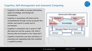 Cognition, Self-Management and Autonomic Computing
• Cognition is the ability to process information,
apply knowledge, and change the
circumstance.
• Cognition is associated with intent and its
accomplishment through various processes that
monitor and control a system and its
environment.
• Cognition is associated with a sense of “self”
(the observer) and the systems with which it
interacts (the environment or the “observed”).
• Cognition extensively uses time and history in
executing and regulating tasks that constitute
a cognitive process.
Dr. Rao Mikkilineni, Ph D 21
Managed Object Touch-Point
October 13, 2018
 