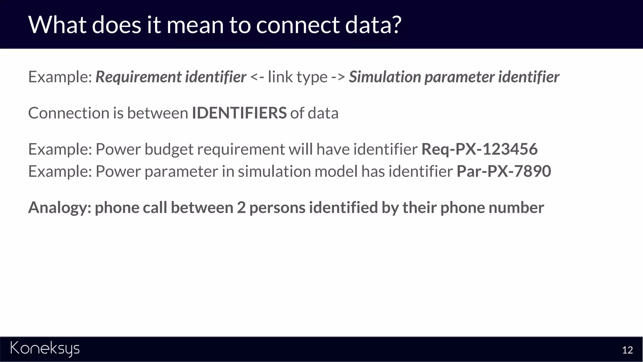 What does it mean to connect data?
Example: Requirement identifier <- link type -> Simulation parameter identifier
Connection is between IDENTIFIERS of data
Example: Power budget requirement will have identifier Req-PX-123456
Example: Power parameter in simulation model has identifier Par-PX-7890
Analogy: phone call between 2 persons identified by their phone number
12
 