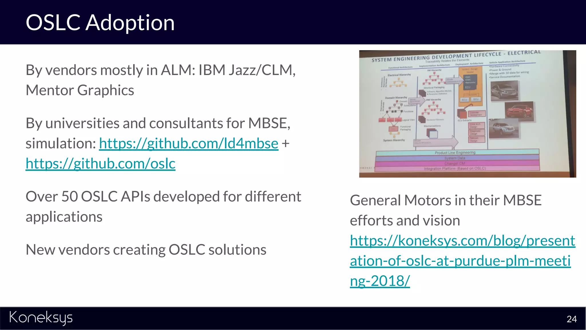 OSLC Adoption
By vendors mostly in ALM: IBM Jazz/CLM,
Mentor Graphics
By universities and consultants for MBSE,
simulation: https://github.com/ld4mbse +
https://github.com/oslc
Over 50 OSLC APIs developed for different
applications
New vendors creating OSLC solutions
General Motors in their MBSE
efforts and vision
https://koneksys.com/blog/present
ation-of-oslc-at-purdue-plm-meeti
ng-2018/
24
 