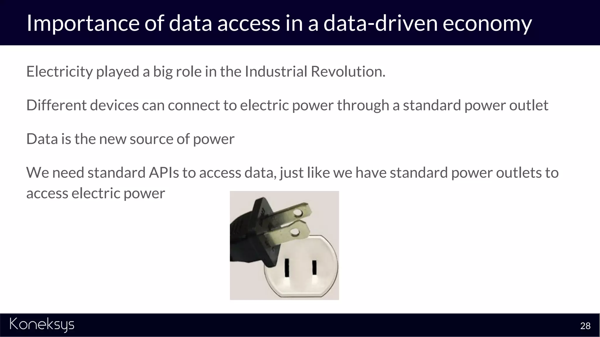 Importance of data access in a data-driven economy
Electricity played a big role in the Industrial Revolution.
Different devices can connect to electric power through a standard power outlet
Data is the new source of power
We need standard APIs to access data, just like we have standard power outlets to
access electric power
28
 